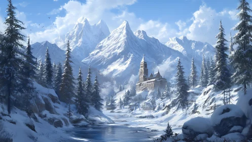 Snowy mountain castle in remote winter valley landscape.