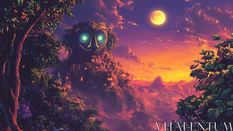 Moonlit jungle temple city with a gentle glowing guardian face.