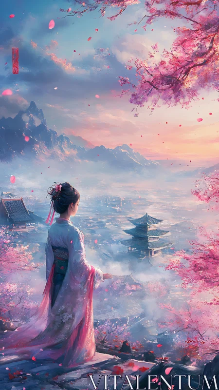 Woman in traditional robe overlooking valley and pagoda at dawn.