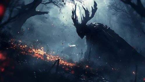 Charred forest warden rises over a river of embers at dusk.