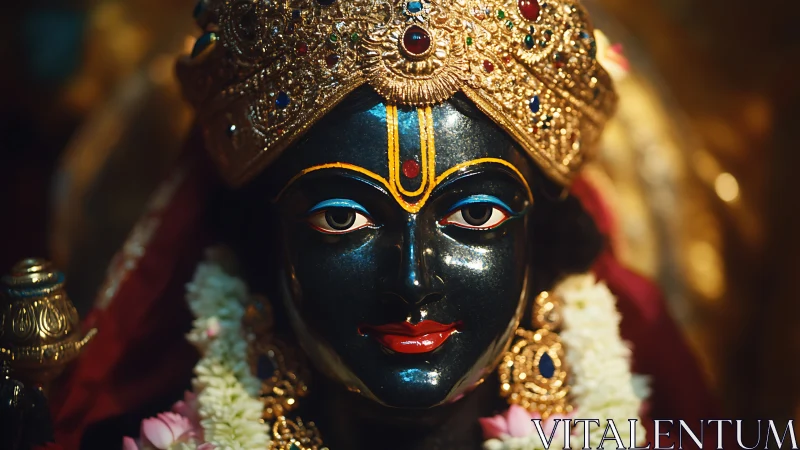 Gilded black stone deity statue is shown in frontal close-up