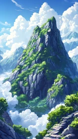 Sunlit granite spire above cloud-sea with terraced path