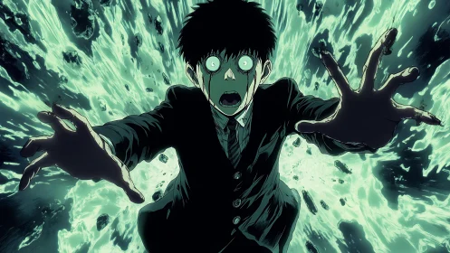 Anime figure in suit amid radial teal energy burst field.