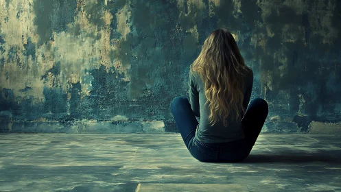 Woman Sitting Alone Against Distressed Wall in Moody Artistic Style.
