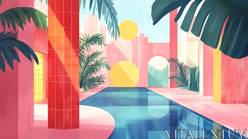 Geometric palm courtyard with reflective cyan pool planes.