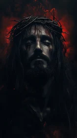 Crowned figure in crimson backlight with dramatic low key render.