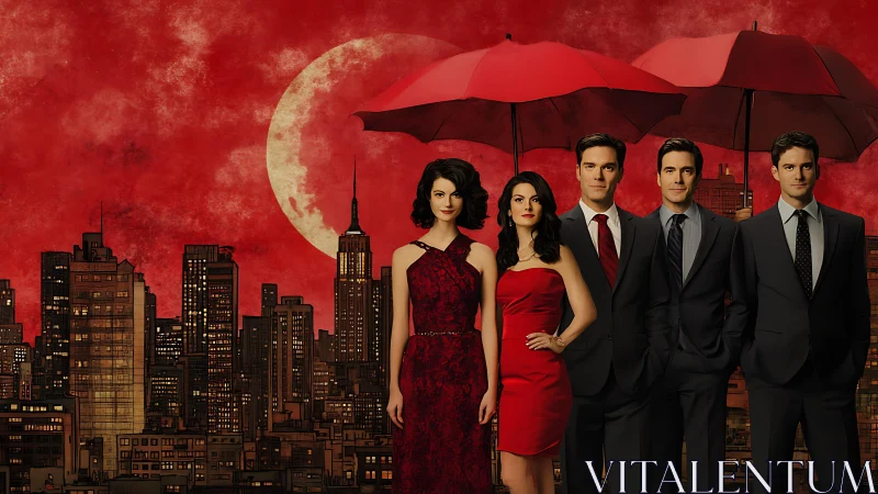 Stylish group under red umbrellas in urban night scene.