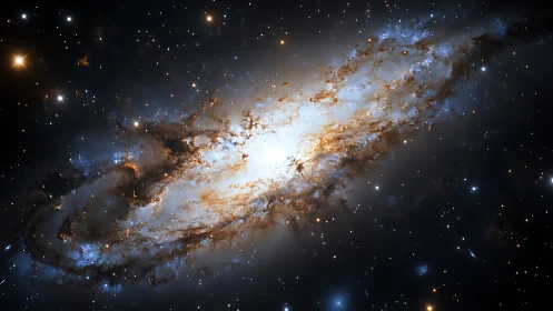 Edge-on spiral galaxy with bright core and dust lanes in space.