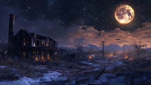 Moonlit wasteland farmhouse smolders under a haunted sky.