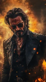 Combustion-framed biker antihero in chiaroscuro flames.