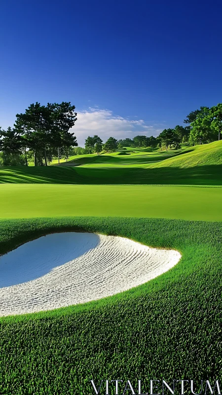 Sunlit golf fairway with sculpted bunker and precise turf gradients