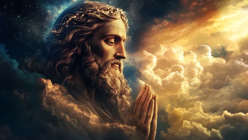 Serene bearded figure praying amid glowing celestial clouds.