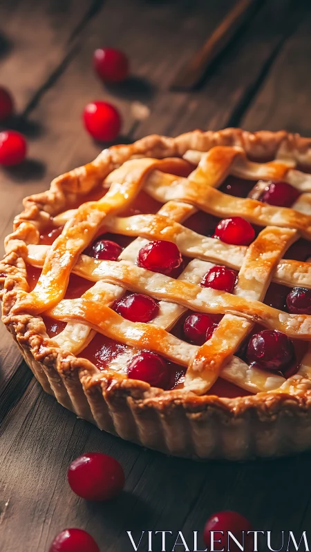 Golden lattice cherry tart under warm directional lighting