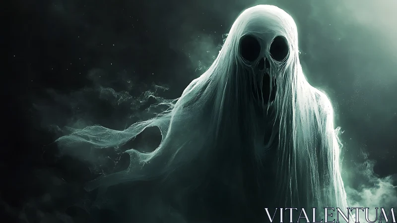 Gentle ghostly figure drifting through misty green night.