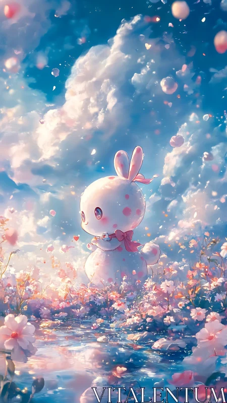 Gentle bunny snow-creature strolls through dreamy spring meadow