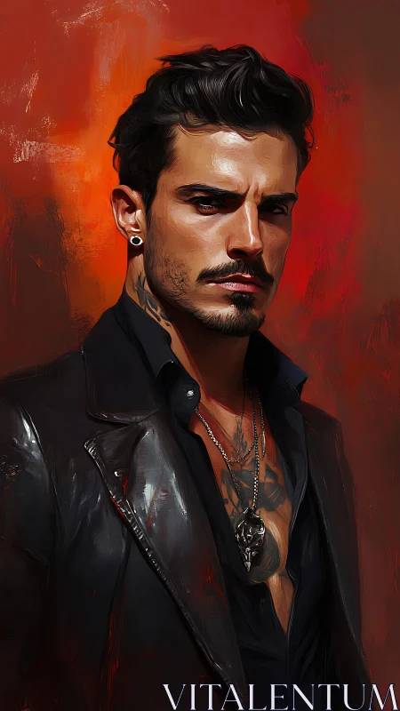 Brooding tattooed man in leather jacket on fiery backdrop.