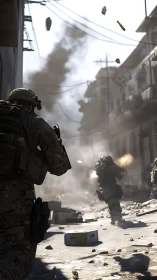 Armed soldiers advancing in dusty urban street combat zone.