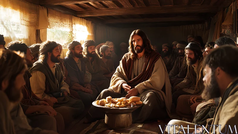 Teacher in robe shares bread with followers indoors.