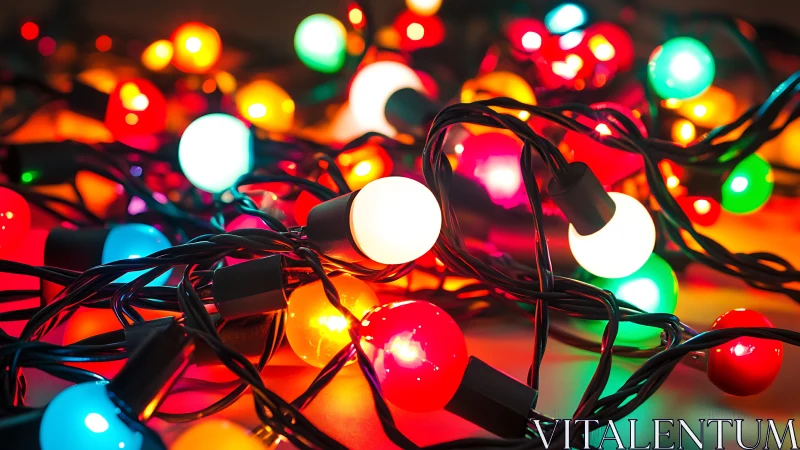 Multicolor LED bulb string tangled in dense luminous array.