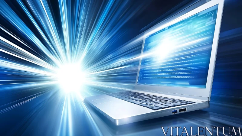 Speedy silver laptop racing through streams of bright data.