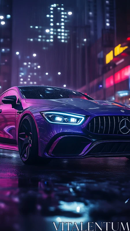 Neon soaked sports car cruising through a rainy city night.