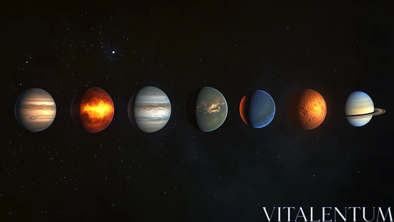 Row of digitally rendered exoplanets in a dark star field