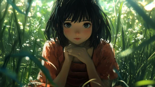 Girl with short dark hair kneels in sunlit tall grass field