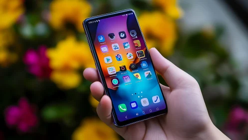 Smartphone displaying vibrant app interface outdoors.