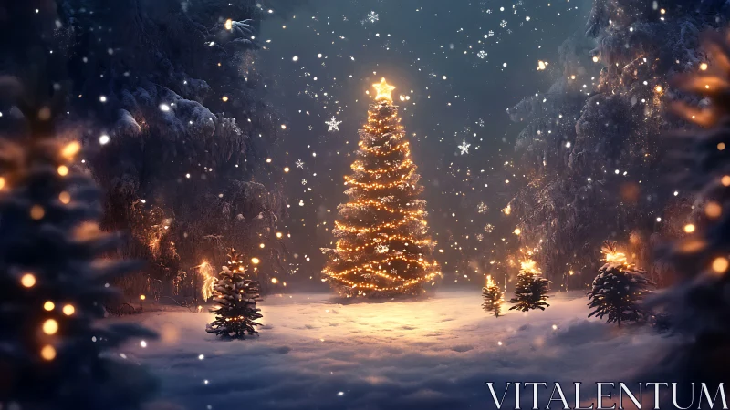 Illuminated conifer array in nocturnal snowfield volumetrics.