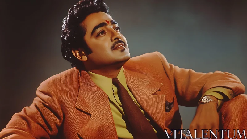 Velvet-gazed dreamer in russet suit and honeyed light.