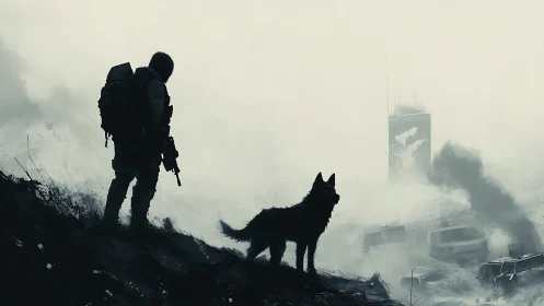 Soldier and dog survey fog-shrouded post-apocalyptic cityscape
