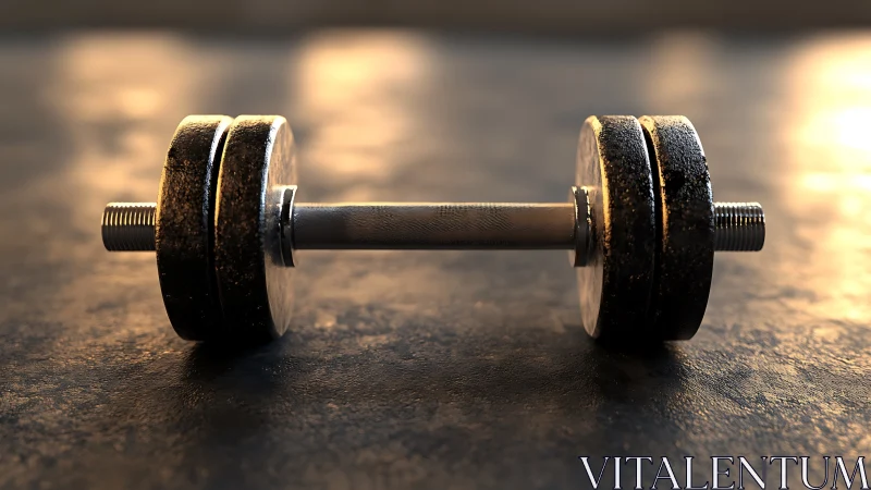 Grit-worn dumbbell resting in molten sunset gym light.