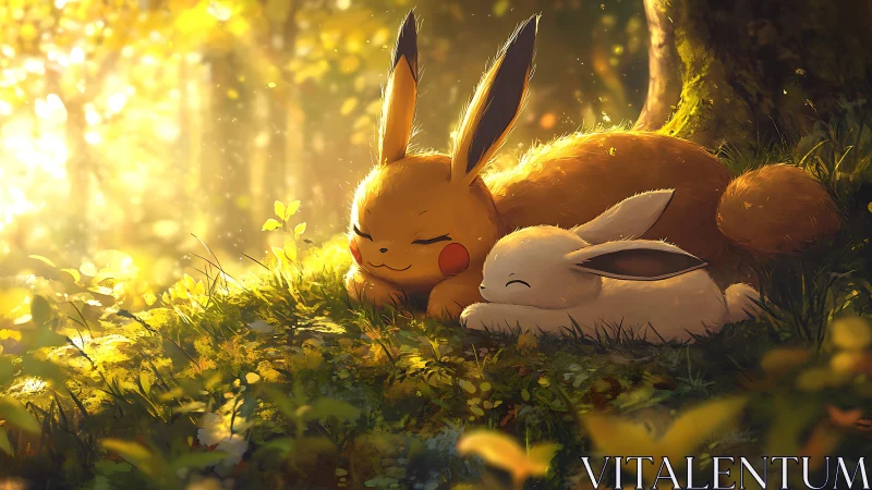 Sunlit forest nap shared by two dreamy woodland friends.