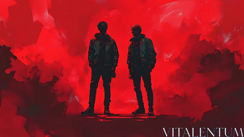 Silhouetted figures confront crimson void in stylized haze