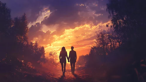 Two people holding hands walking toward golden sunset through forest