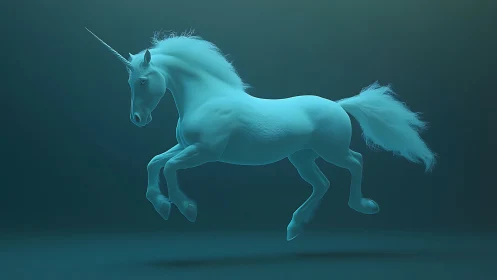 Iridescent cyan unicorn rendered in soft volumetric light.