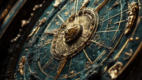 Circular metallic astrolabe dial displays radial zodiac layout