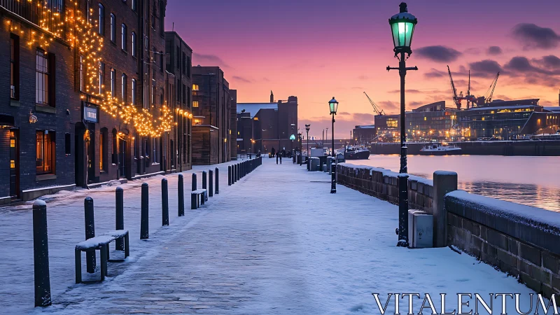 Snow-covered dockside promenade at urban waterfront at dusk.