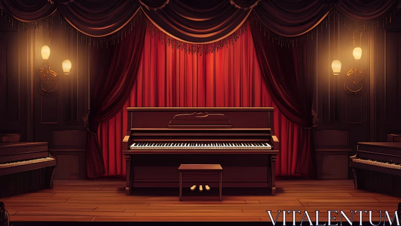 Grand piano on vintage theater stage under warm lights.
