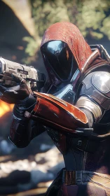 Armored sci‑fi marksman holds aim in a sunlit forest