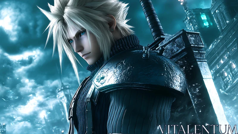 Spiky haired swordsman stands in icy blue industrial cityscape