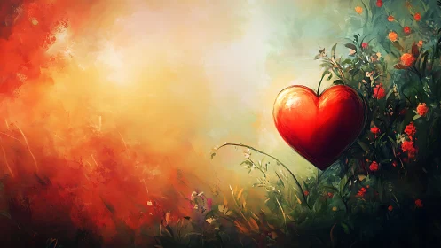 Luminous Red Heart Among Wildflowers Against Golden Gradient.