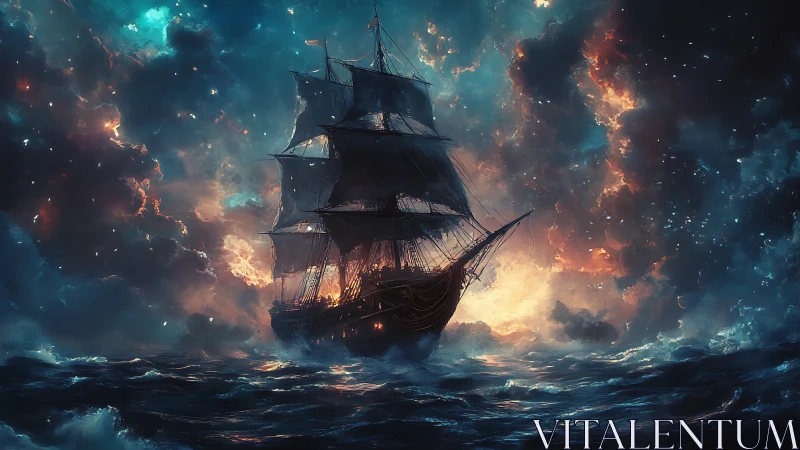 Celestial galleon cutting through luminous cosmic storm seas.