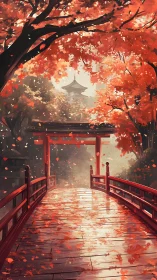 Red wooden bridge and torii under dense autumn foliage.
