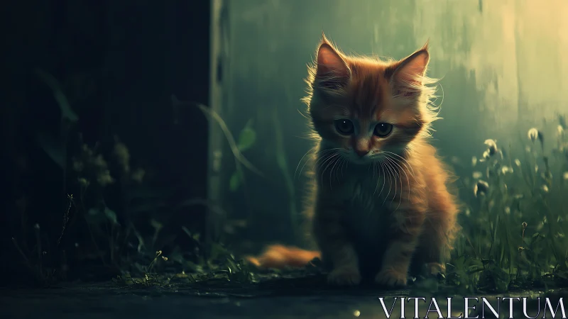 Digital rendering of feline kitten positioned in field environment