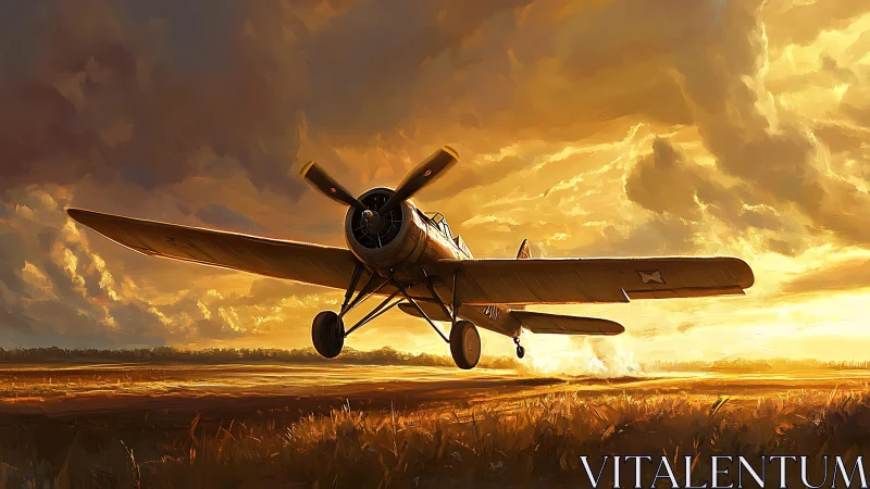 Vintage propeller aircraft lifts off glowing sunset field