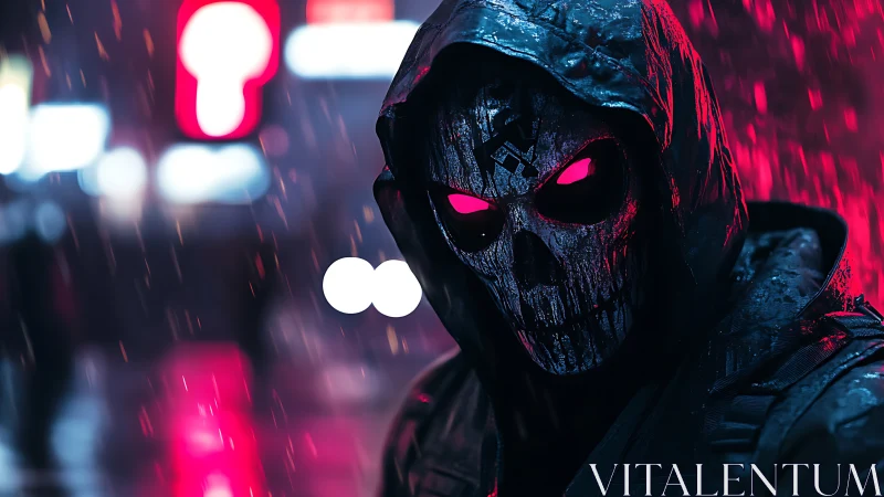 Hooded skull-masked figure stands in neon city rain at night