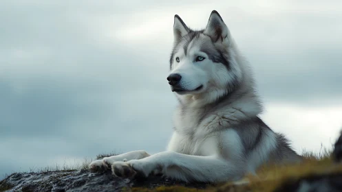 Husky in overcast landscape with shallow depth-of-field rendering.