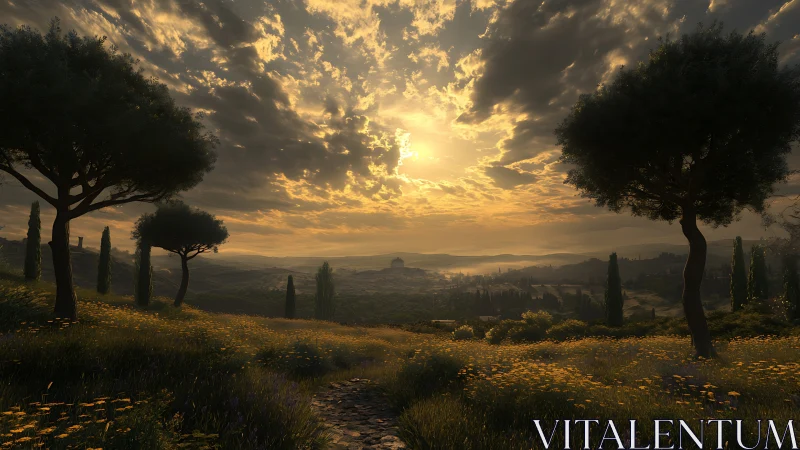 Sunset-illuminated valley landscape with volumetric cloud scattering