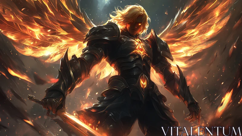 Blazing winged warrior standing in a storm of living fire.